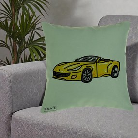 Perna Personalizata Masina Cabriolet Galbena Grafic, 40x40 cm, Verde, Husa Detasabila, Perna Inclusa, BEKZ®