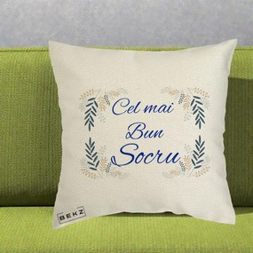 Cadou pentru Socru - Perna Personalizata Cel mai Bun Socru cu Ramuri Frunze Albastre si Aurii, 40x40 cm, Ecru, Husa Detasabila, Perna Inclusa, BEKZ®
