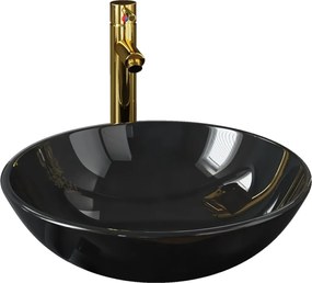 vidaXL Chiuvetă baie robinet și scurgere tip push, negru sticlă călită