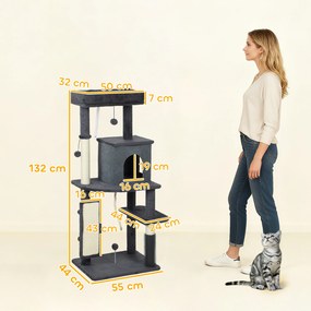 PawHut Ansamblu Multinivel pentru Pisici, 132 cm, cu Căsuță, Culcuș, Stâlpi de Zgâriat, Perie și Minge, Gri Închis | Aosom Romania
