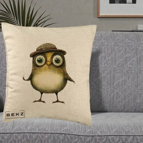Perna Decorativa Pui Intelectual cu Palarie Tweed, 40x40 cm, Bej, Husa Detasabila, Perna Inclusa, BEKZ®