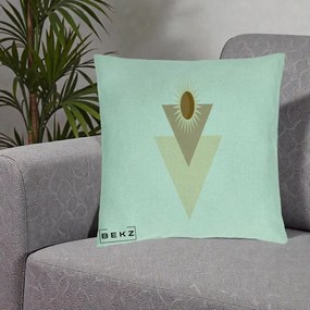 Perna Decorativa Boho Sun cu Triunghiuri Bej si Oval Solar, 40x40 cm, Verde Menta, Husa Detasabila, Perna Inclusa, BEKZ®