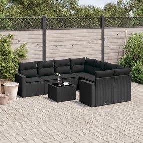 3251092 vidaXL Set mobilier de grădină cu perne, 9 piese, negru, poliratan