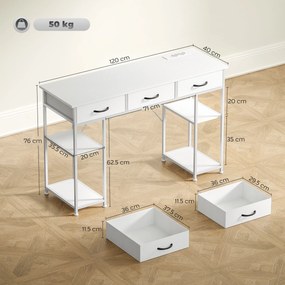 HOMCOM Birou cu depozitare cu prize de curent, 3 sertare din material textil și 4 rafturi de depozitare, 120 x 40 x 76 cm, alb | Aosom Romania