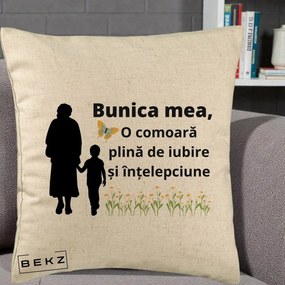 Cadou pentru Bunica - Perna Personalizata Bunica Mea Comoara cu Fluture si Baietel, 40x40 cm, Bej, Husa Detasabila, Perna Inclusa, BEKZ®