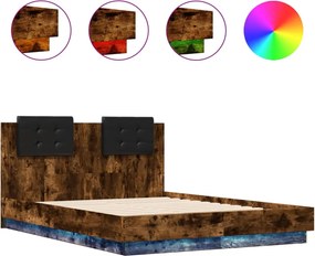 vidaXL Cadru de pat cu tăblie și lumini LED, stejar fumuriu, 120x190cm