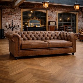 Canapea Chesterfield 3 locuri, din piele naturală, cognac, 240 x 97 x 75 cm