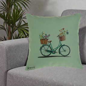Perna Decorativa Bicicleta Florala Turcoaz Acuarela, 40x40 cm, Verde, Husa Detasabila, Perna Inclusa, BEKZ®