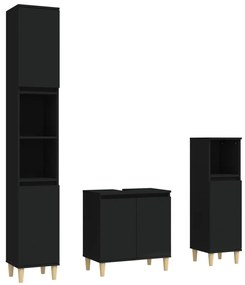 3185582 vidaXL Set mobilier de baie, 3 piese, negru, lemn compozit