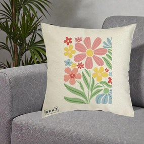 Perna Decorativa Flori Grafice Roz Pastel, 40x40 cm, Ecru, Husa Detasabila, Perna Inclusa, BEKZ®