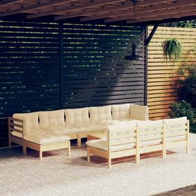 3097121 vidaXL Set mobilier grădină cu perne crem, 11 piese, lemn de pin