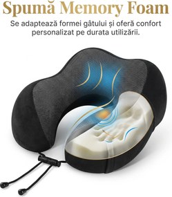 Perna de calatorie cervicala memory foam pentru gat, husa catifea, Negru/Gri