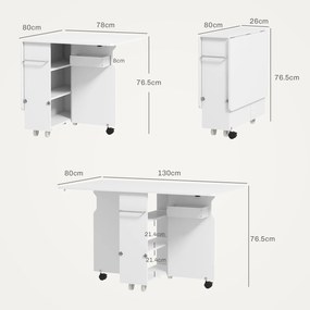 HOMCOM Masă Pliantă, Rulantă, Masă Pliabilă cu Cutie de Depozitare, Rafturi pe 3 Niveluri și Suport, 130x80x76.5 cm, Alb | Aosom Romania