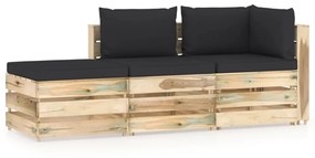 Set mobilier gradina cu perne, 3 piese, lemn impregnat verde negru si maro, 3
