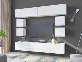 Mobilă pentru sufragerie Providence B132Alb, Alb lucios, Cu comodă tv, Cu componente suplimentare, Părți separate, PAL laminat, 210x43cm, 81 kg
