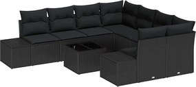 vidaXL Set de canapele pentru grădină cu pernă 9 pcs Negru poliratan