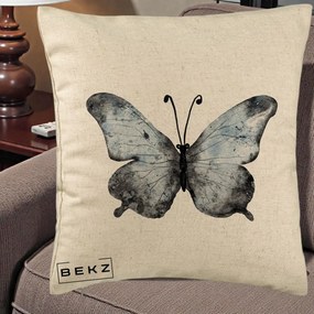 Perna Decorativa Fluture Acuarela Albastru-Gri, 40x40 cm, Bej, Husa Detasabila, Perna Inclusa, BEKZ®