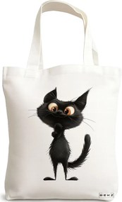 Sacosa de Panza pentru Cumparaturi, Geanta Tote, model The curious cat 38 x 34.5 cm, Alba, BEKZ®