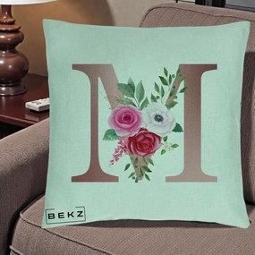 Cadou Personalizat - Perna Personalizata Monograma Rose Gold Litera M cu Trandafiri, 40x40 cm, Verde Menta, Husa Detasabila, Perna Inclusa, BEKZ®