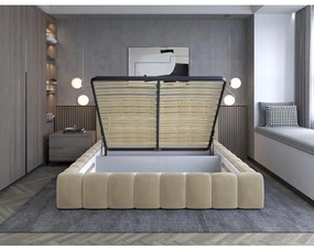 Pat matrimonial bej tapițat cu spațiu de depozitare cu somieră 180x200 cm Lamica – ELTAP