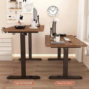 Birou reglabil în înălțime, două motoare electrice ridicare, suport caști, suport pahar, 140x60 cm, Nuc