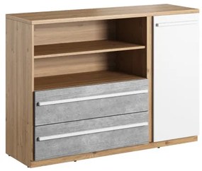 Comoda Piano Cu 1 Usa Si 2 Sertare, Stejar Nash, Alb Si Beton, 125 Cm