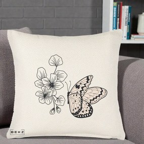 Perna Decorativa Fluture si Flori Linie Monocroma, 40x40 cm, Crem Reliefat, Husa Detasabila, Perna Inclusa, BEKZ®