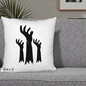 Perna Decorativa Halloween Maini Zombie Alb-Negru, 40x40 cm, Alb Pufos, Husa Detasabila, Perna Inclusa, BEKZ®