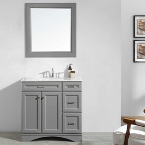 SET MOBILIER BAIE, DULAP LEMN 3 SERTARE CU LAVOAR, BLAT QUARTZ + OGLINDA RAMA LEMN, LOGOS 91.4X55.8X86 CM, GRI