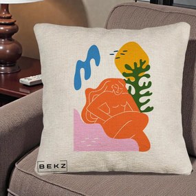Perna Decorativa Femeie Portocalie Relaxata, 40x40 cm, Bej Canapea, Husa Detasabila, Perna Inclusa, BEKZ®