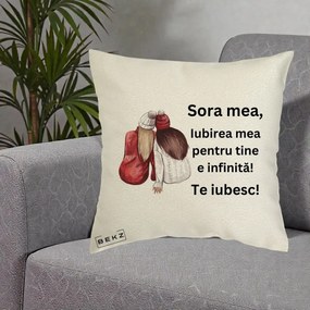 Cadou pentru Sora - Perna Personalizata Sora Mea Te Iubesc Doua Fete Iarna Acuarela, 40x40 cm, Ecru, Husa Detasabila, Perna Inclusa, BEKZ®