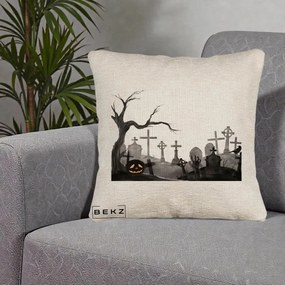 Perna Decorativa Halloween Cimitir Acuarela cu Dovleac, 40x40 cm, Bej Canapea, Husa Detasabila, Perna Inclusa, BEKZ®