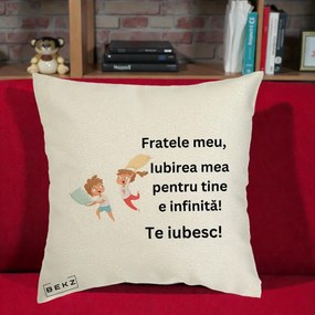 Cadou pentru Frate - Perna Personalizata Fratele Meu Te Iubesc Copii Batalie Perne, 40x40 cm, Ecru, Husa Detasabila, Perna Inclusa, BEKZ®