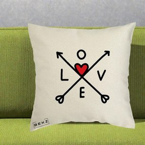 Perna Decorativa Love cu Sageti Incrucisate si Inima Rosie, 40x40 cm, Ecru, Husa Detasabila, Perna Inclusa, BEKZ®