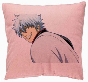 Perna Decorativa cu Gintama Gin, 40x40 cm, Roz, Husa Detasabila, Burduf