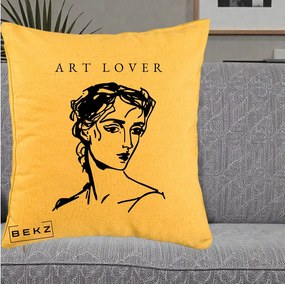 Perna Decorativa Art Lover Portret Grafic, 40x40 cm, Galben, Husa Detasabila, Perna Inclusa, BEKZ®