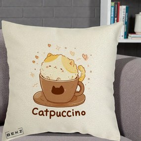Perna Decorativa Catpuccino Pisica Cappuccino, 40x40 cm, Ecru, Husa Detasabila, Perna Inclusa, BEKZ®