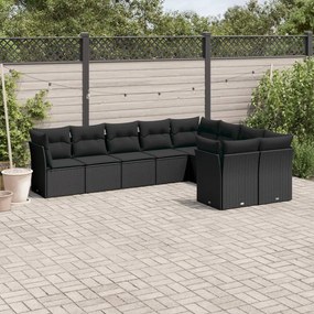 3218165 vidaXL Set mobilier de grădină cu perne, 9 piese, negru, poliratan