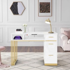 MANIAU201 - Masuta manichiura, 112 cm, cu aspirator incorporat, masa cosmetica - Alb - Imitatie de marmura - Auriu