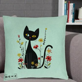 Perna Decorativa Pisica Neagra Ochi Galbeni Flori, 40x40 cm, Verde Menta, Husa Detasabila, Perna Inclusa, BEKZ®
