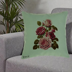Perna Decorativa Trandafiri Vintage Roz-Rosii, 40x40 cm, Verde, Husa Detasabila, Perna Inclusa, BEKZ®