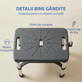 HOMCOM Scaun de Duș din Aluminiu cu Raft Integrat, Înălțime Reglabilă pe 5 Niveluri, Suport 150kg, Gri | Aosom Romania