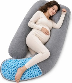 Pernă multifuncțională pentru gravide, din spuma maruntita, Suport Burta, Picioare, Cap, Gat, Spate, Husa detasabila, Catifea, Gri