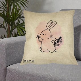 Perna Decorativa Iepuras Kawaii cu Cosulet Floral, 40x40 cm, Crem, Husa Detasabila, Perna Inclusa, BEKZ®