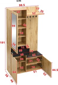 Set pentru garderobă cu 5 cârlige pentru haine, oglindă, dulap pentru pantofi și dulap încorporat, 98,5x38x191 cm, Culoare naturală