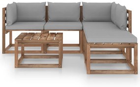 Set mobilier gradina paleti cu perne, 6 piese, lemn pin tratat Gri, 2x colt + 2x mijloc + 2x masa, 1