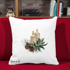 Perna Decorativa Lumanari cu Ilex si Conuri Ilustratie, 40x40 cm, Alba Mata, Husa Detasabila, Perna Inclusa, BEKZ®