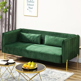 HOMCOM Canapea 3 Locuri Economie de Spatiu cu Perne Capitonate, Canapea Moderna cu Picioare din Otel si Tesatura din Catifea, 195x88x76 cm, Verde