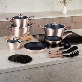 Set oale si tigai marmorate, cu capace, Rose Gold Metalic Line 15 piese Berlinger Haus BH 1224N, antiaderente, design elegant, inductie