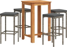 vidaXL Set bar de grădină, 5 piese, gri, lemn masiv acacia/ poliratan